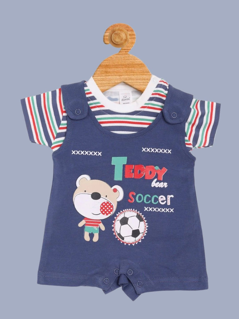 Olio Kids Boy’s Navy Blue ‘Teddy Bear Soccer’ Romper with Striped T-Shirt Full View"