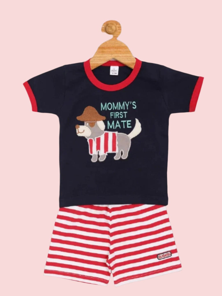 Full view of Boy’s Navy Blue Mommy’s First Mate’ T-Shirt and Red Striped Shorts Set by Olio Kids.