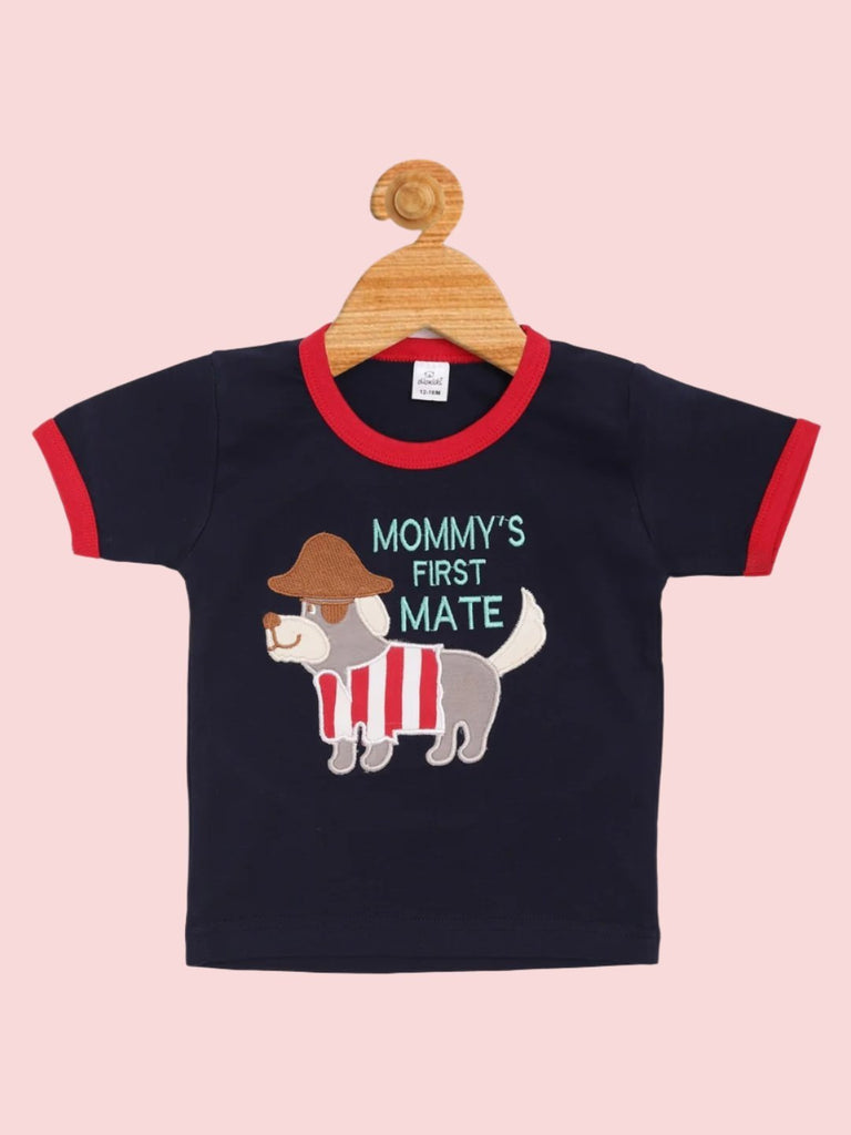 Front view of the navy blue T-Shirt with ‘Mommy’s First Mate’ print from the Boy’s Navy Blue T-Shirt and Red Striped Shorts Set.