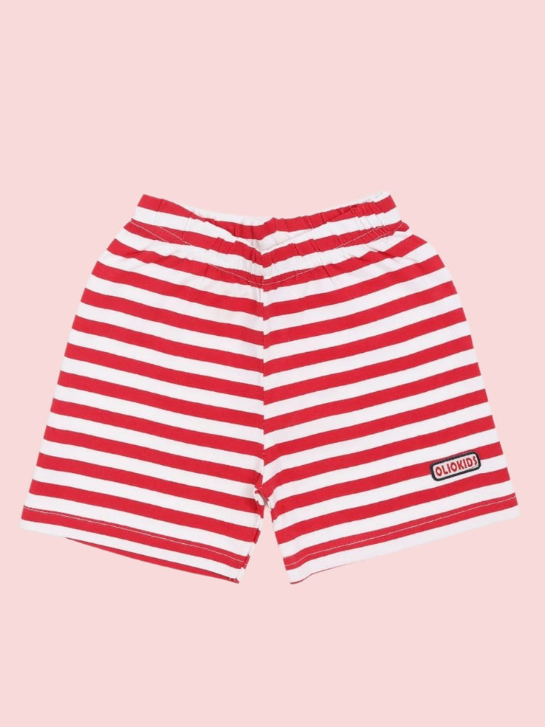 Front view of the red and white striped shorts from the Boy’s Navy Blue ‘Mommy’s First Mate’ T-Shirt and Shorts Set.