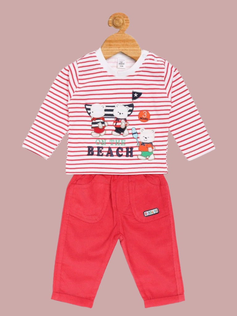 Olio Kids Boy’s Red ‘On the Beach’ Striped Long Sleeve T-Shirt and Pants Set Full View.