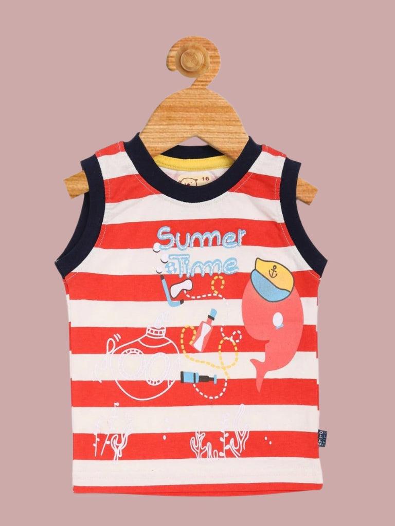 Front view of Olio Kids Boy’s Red ‘Summer Time’ Sleeveless Top.