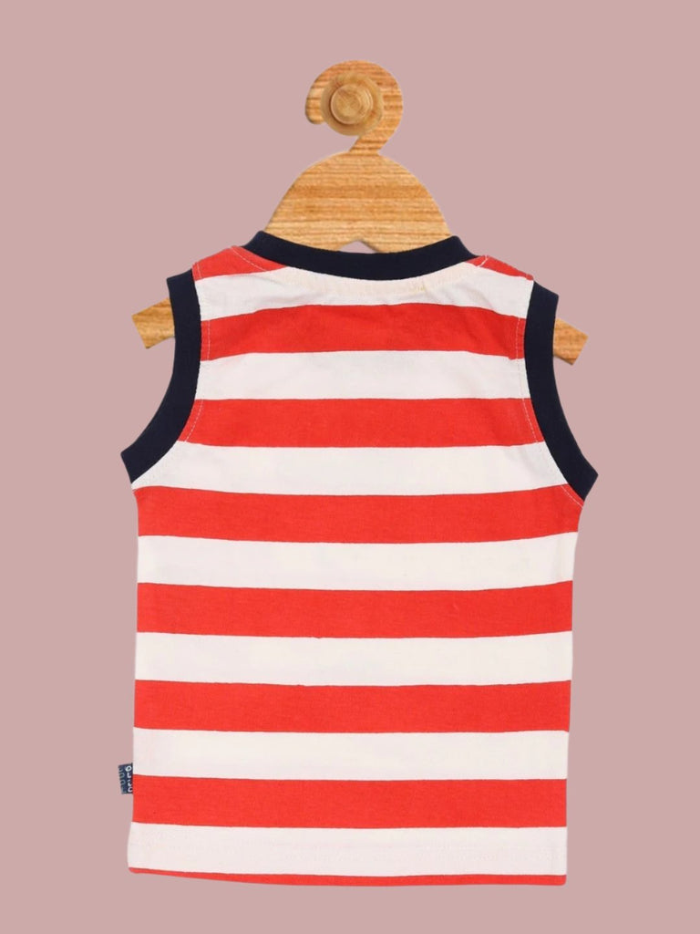 Back view of Olio Kids Boy’s Red ‘Summer Time’ Sleeveless Top.