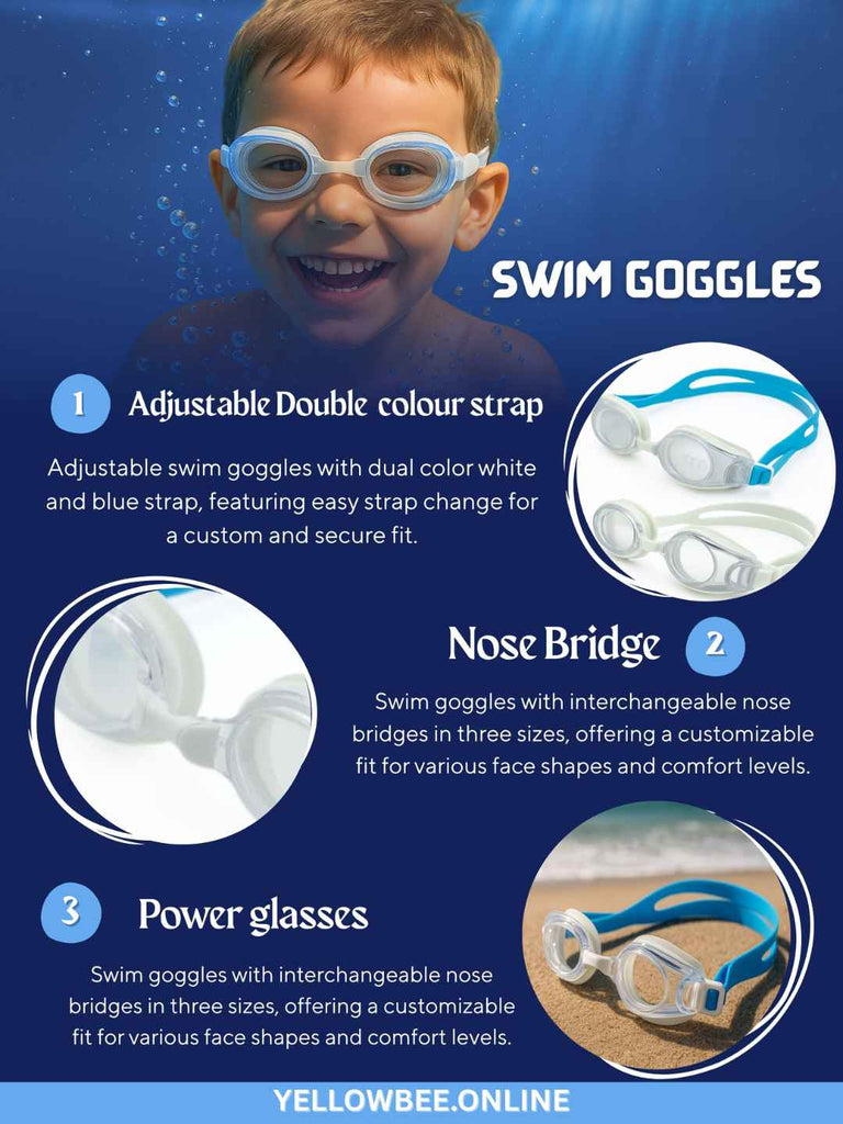 Optical Swimming Goggles with Adjustable Nose Bridge with R5.5-L4.5 Clear Lens - Clear & Blue - Infographic image