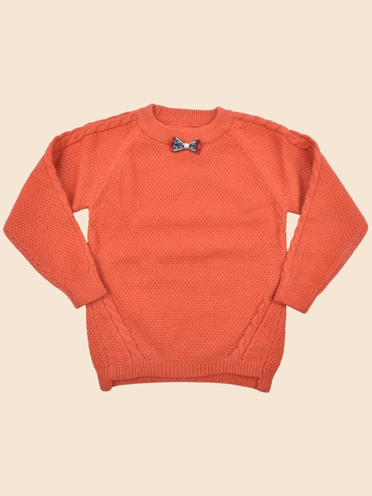 Front view of Orange Knitted Sweater with Bow Tie Detail for Boys