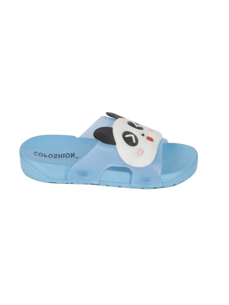 Light blue panda-themed slides for boys, side view showcasing playful design and EVA sole.