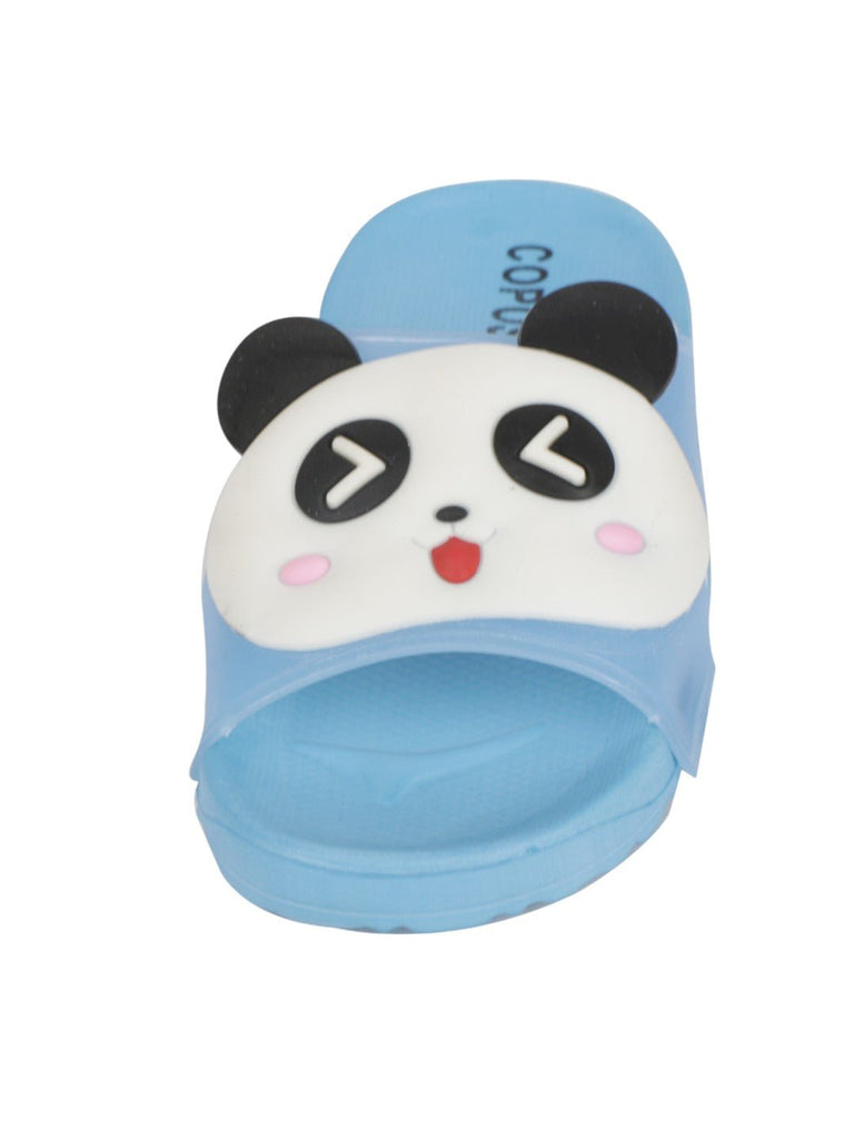Light blue panda-themed slides for boys, zoom view showcasing playful design and EVA sole.
