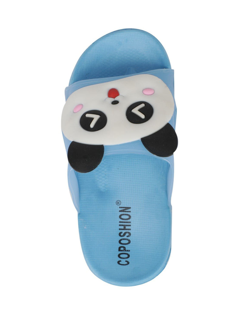 Light blue panda-themed slides for boys, front view showcasing playful design and EVA sole.