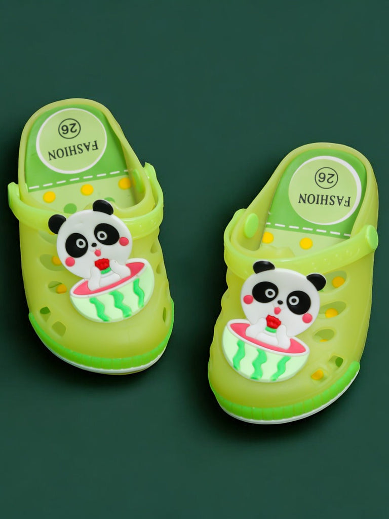 Neon Green Children's Clogs with LED Lights and Panda Desig.