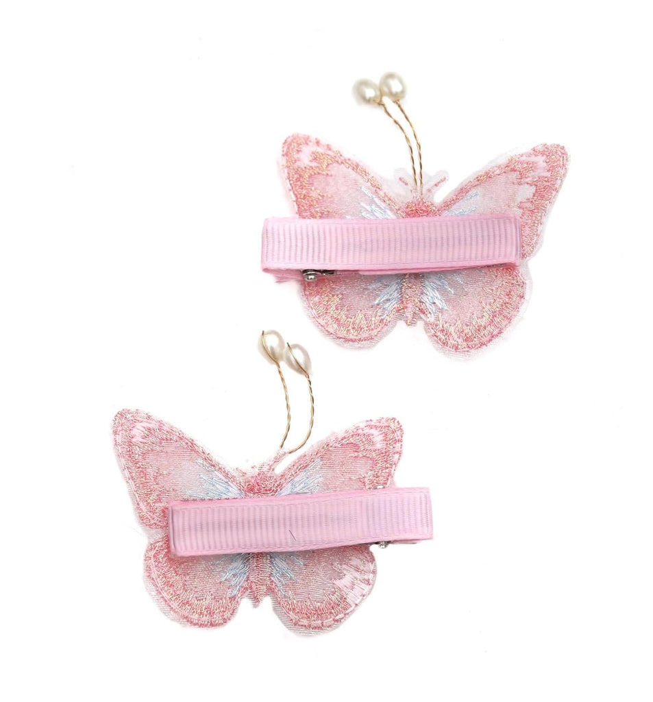 Back View Of Elegant Pink Butterfly Hair Clips with Pearls for Kids by Yellow Bee