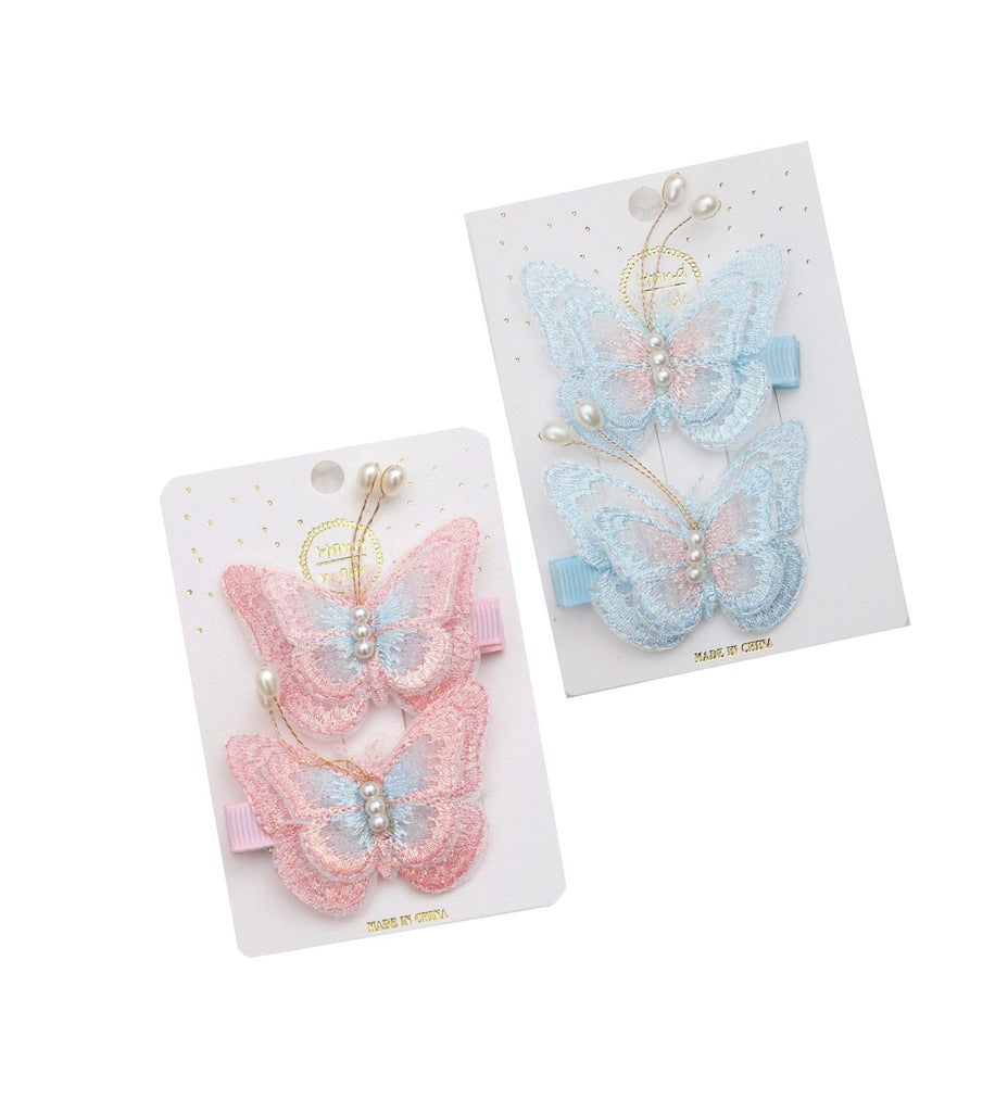 Twin Set of Yellow Bee's Butterfly Hair Clips in Pink and Blue