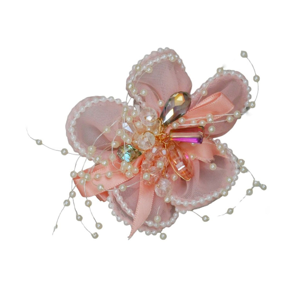 Yellow Bee's luxurious peach daisy hair clip with faux pearls and rhinestone embellishments.