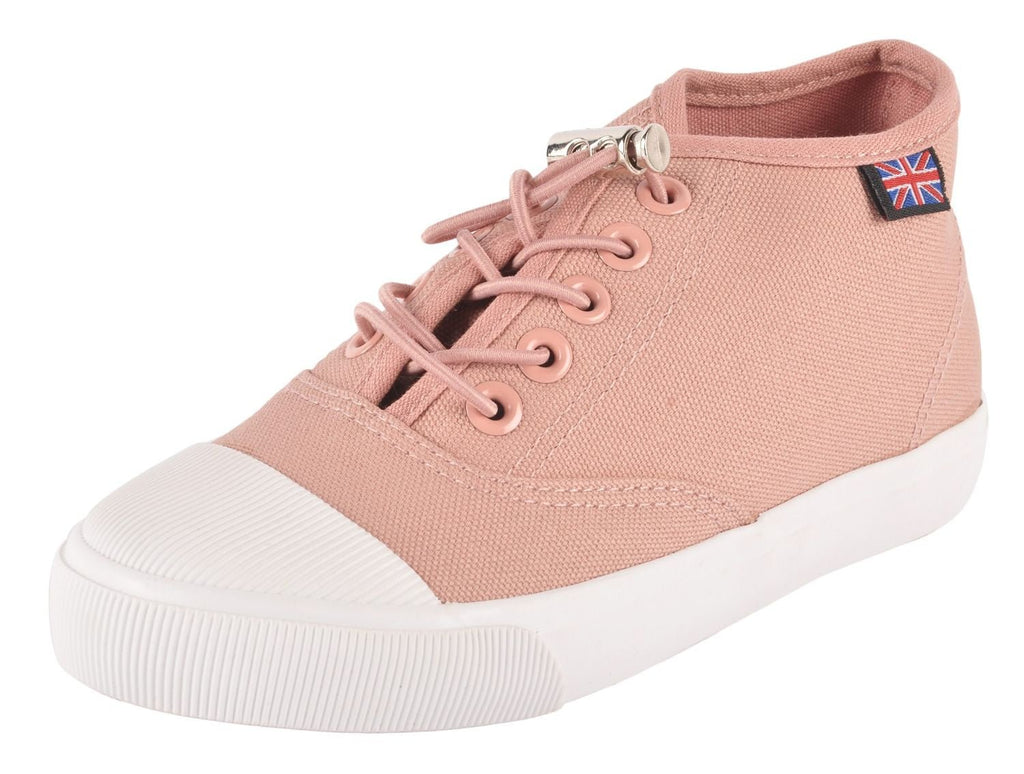 A side-angle view of Yellow Bee's peach canvas shoes for girls with durable rubber soles.