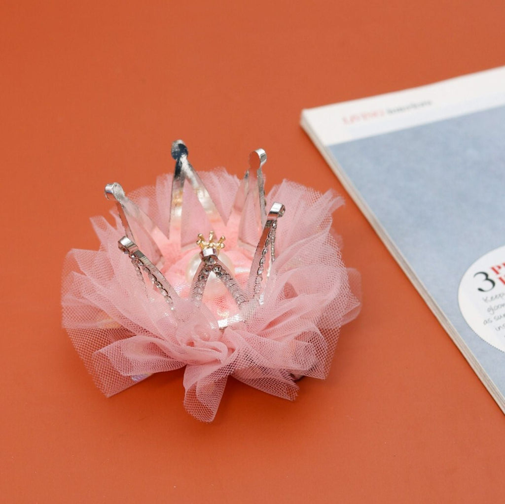 Yellow Bee Pink Pearl Crown Hair Clip showcased creatively, capturing its fairytale charm.