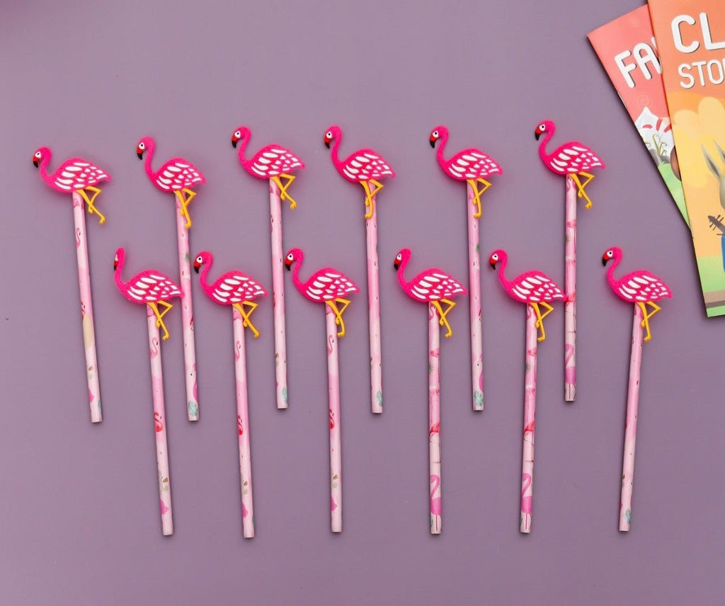 Full view of Yellow Bee pencils with flamingo motifs, showing all 12 in a pack against a colorful background.