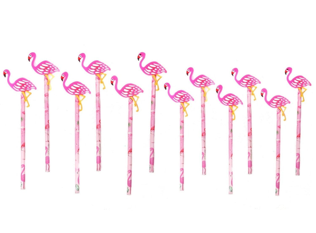 Arranged view of Yellow Bee flamingo motif pencils, showcasing their detailed designs and vibrant colors.