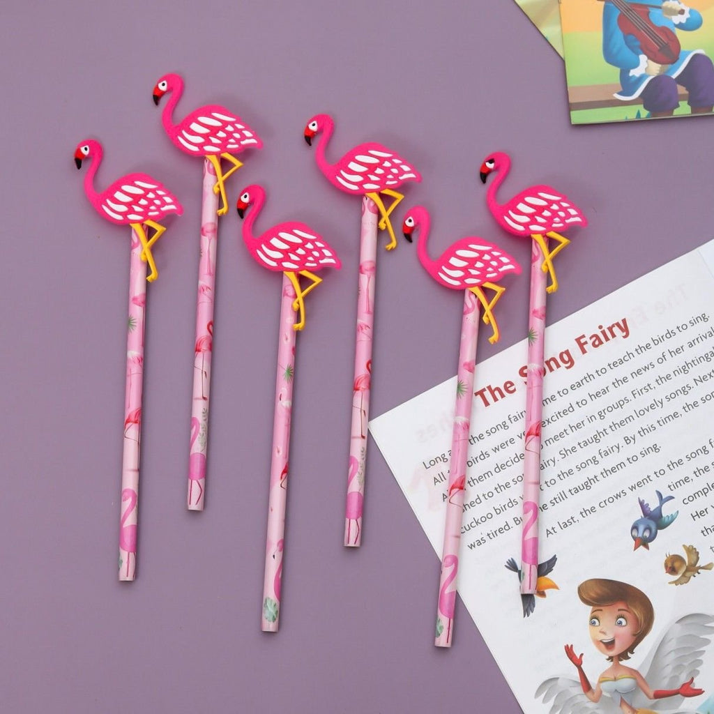 Full view of Yellow Bee pencils with flamingo motifs, showing all six in a pack against a colorful background.