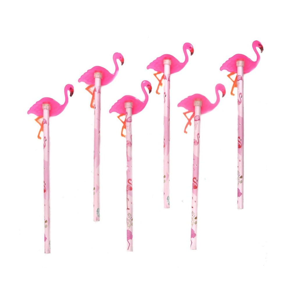 Arranged view of Yellow Bee flamingo motif pencils, showcasing their detailed designs and vibrant colors.