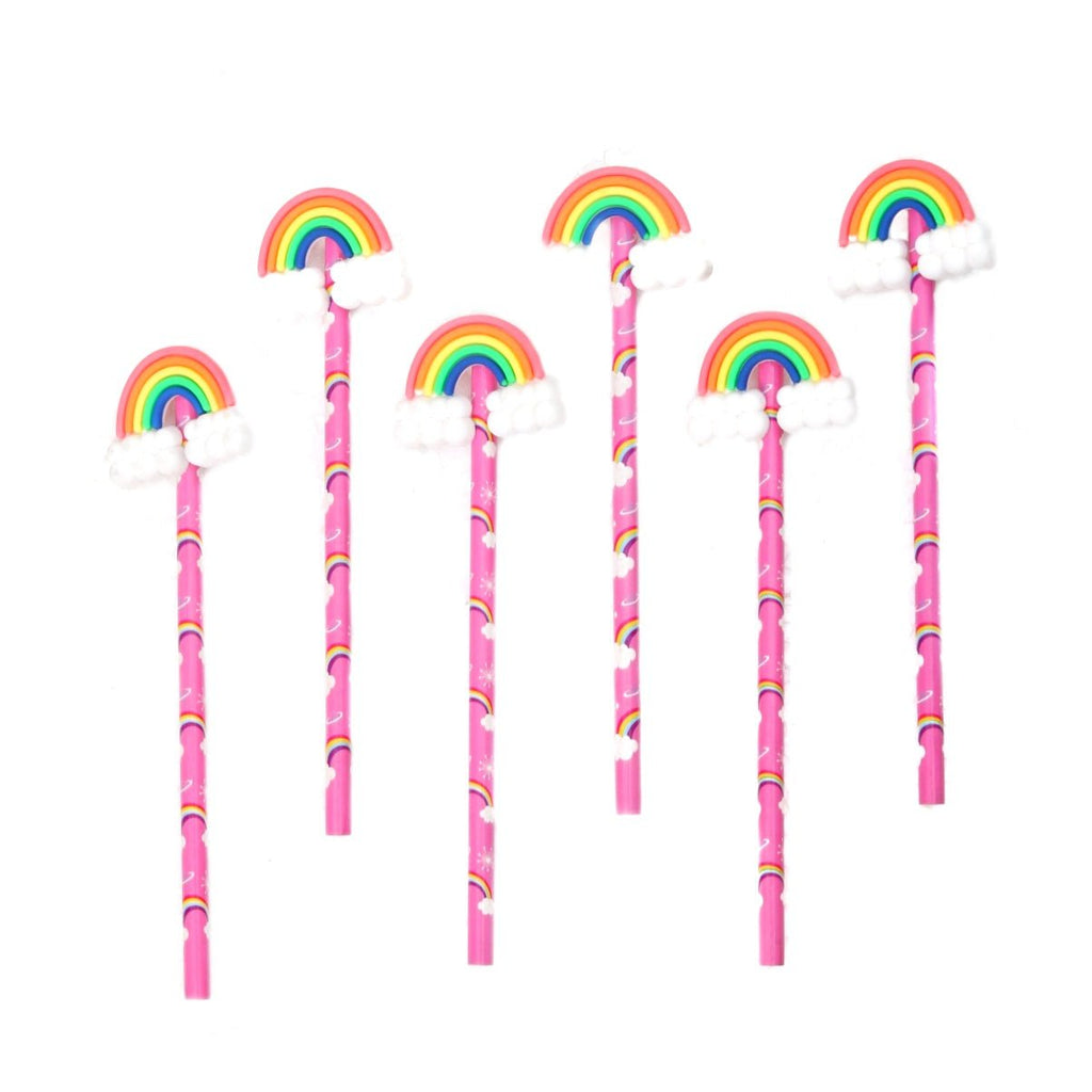 Neatly arranged Yellow Bee pencils with unicorn toppers, showcasing the variety of colors and designs.