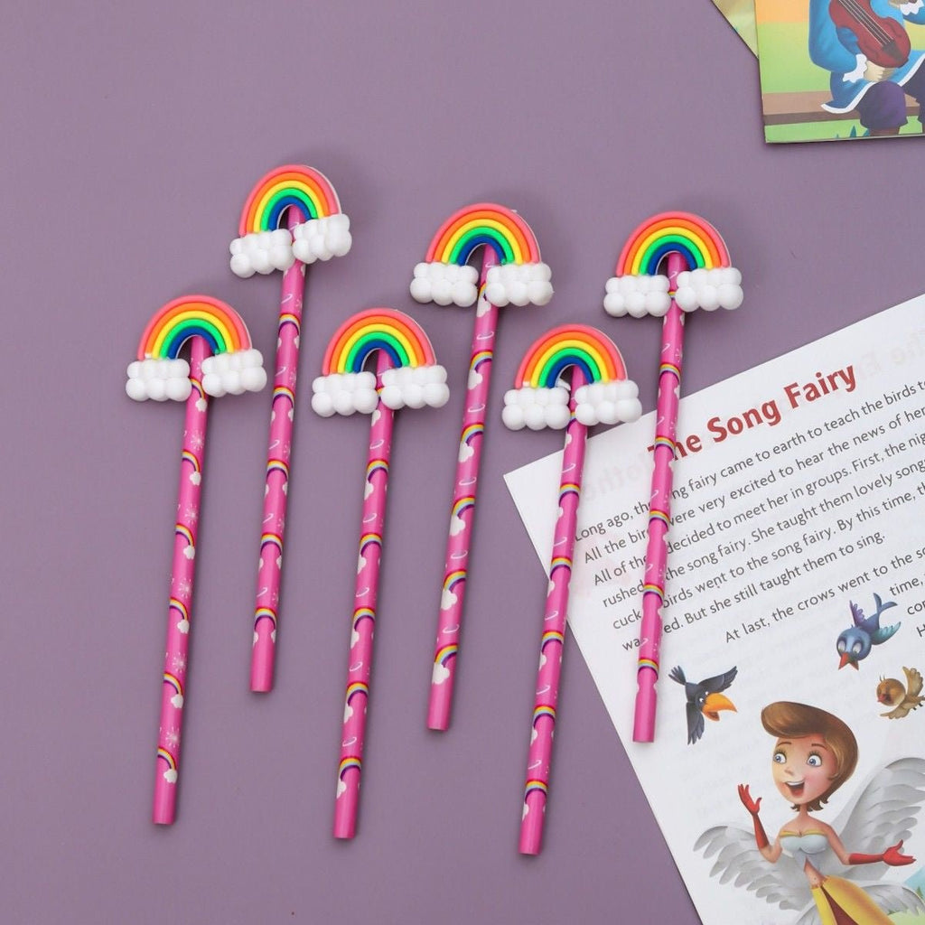 Full pack of 12 Yellow Bee pencils with colorful unicorn motifs, perfect for girls.