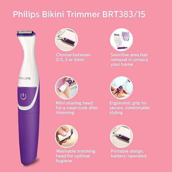 Philips Bikini Trimmer BRT383/15 highlighting its key features and attachments.