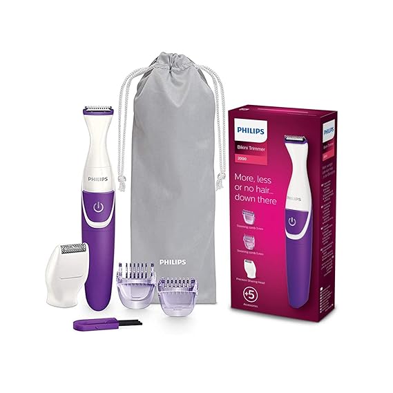 Complete set of Philips Bikini Trimmer in purple with accessories and pouch.