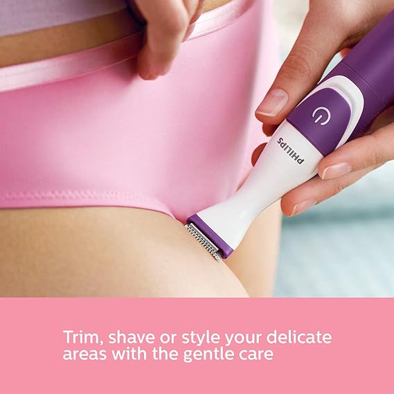 Philips Cordless Bikini Trimmer in action, showcasing gentle care for sensitive areas.