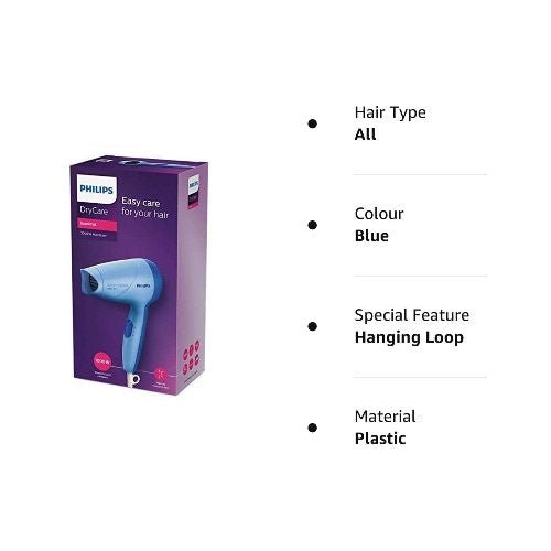 Philips DryCare Essential 1000W Hair Dryer by Yellow Bee packaging, detailing hair type suitability, color, special features, and material information.