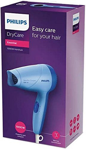 Front view of the Philips DryCare Essential 1000W Hair Dryer by Yellow Bee, highlighting the sleek blue design and brand logo.