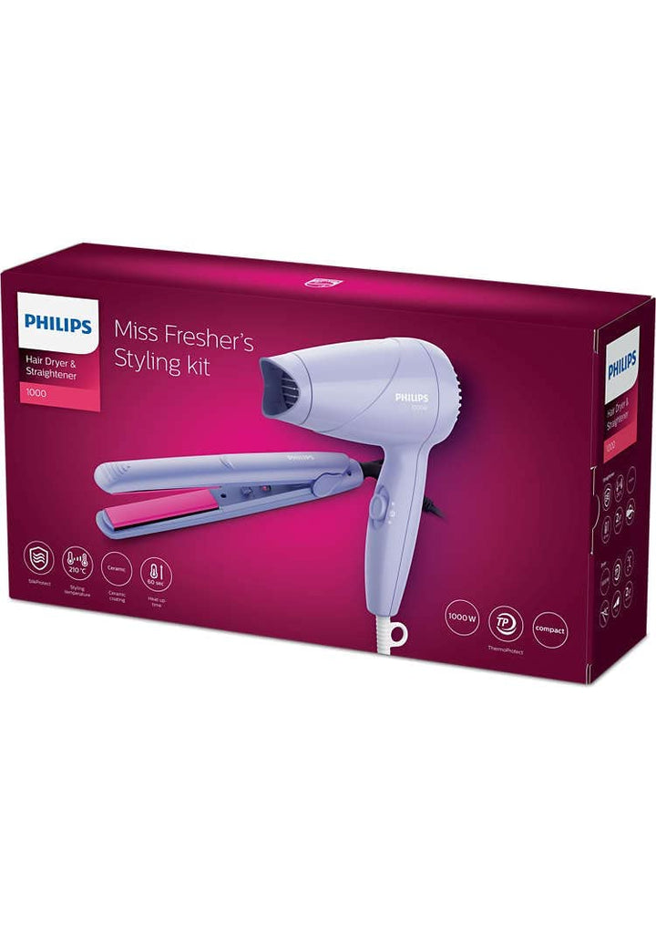 Packaging of Philips Miss Fresher's Hair Dryer and Straightener Styling Kit  Image Name: Philips-Purple-Hair-Tools.jpg
