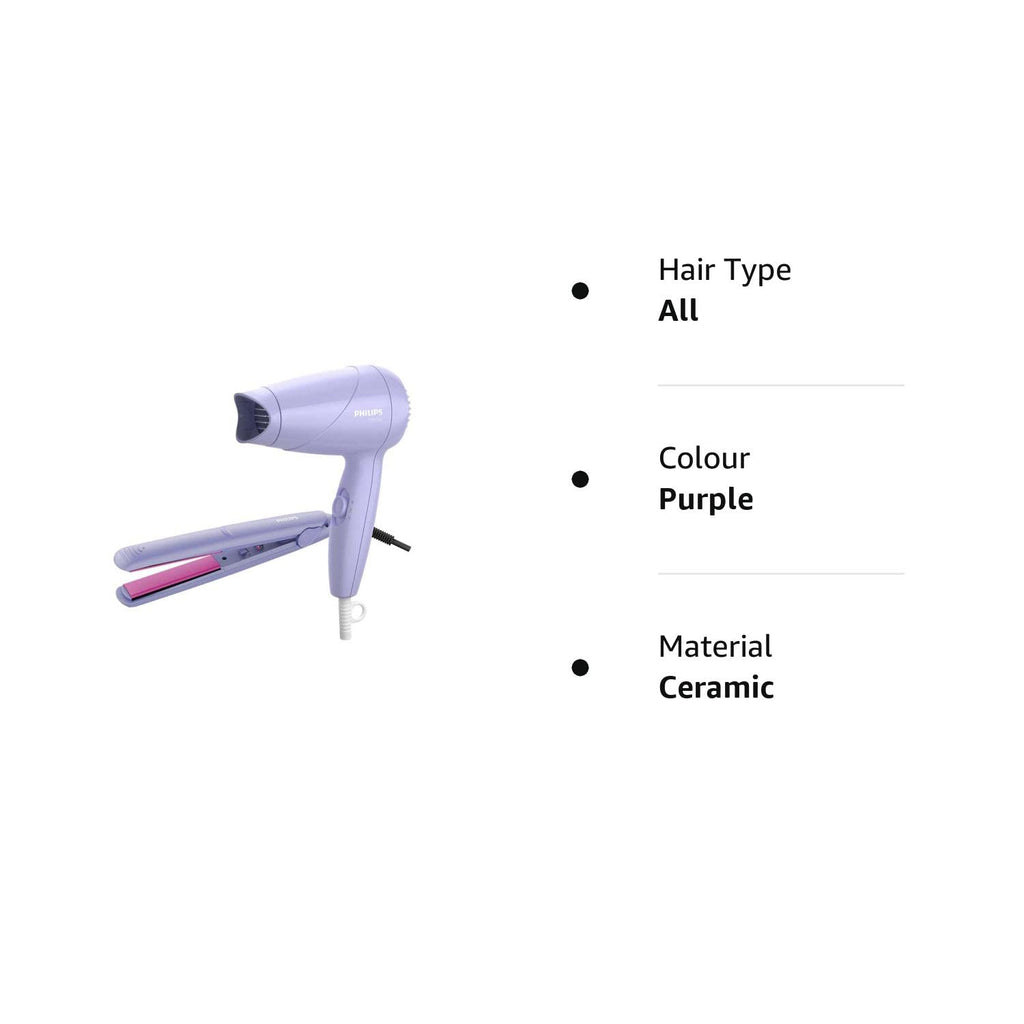 Philips Hair Dryer and Straightener in Purple, showcasing hair type compatibility and ceramic material