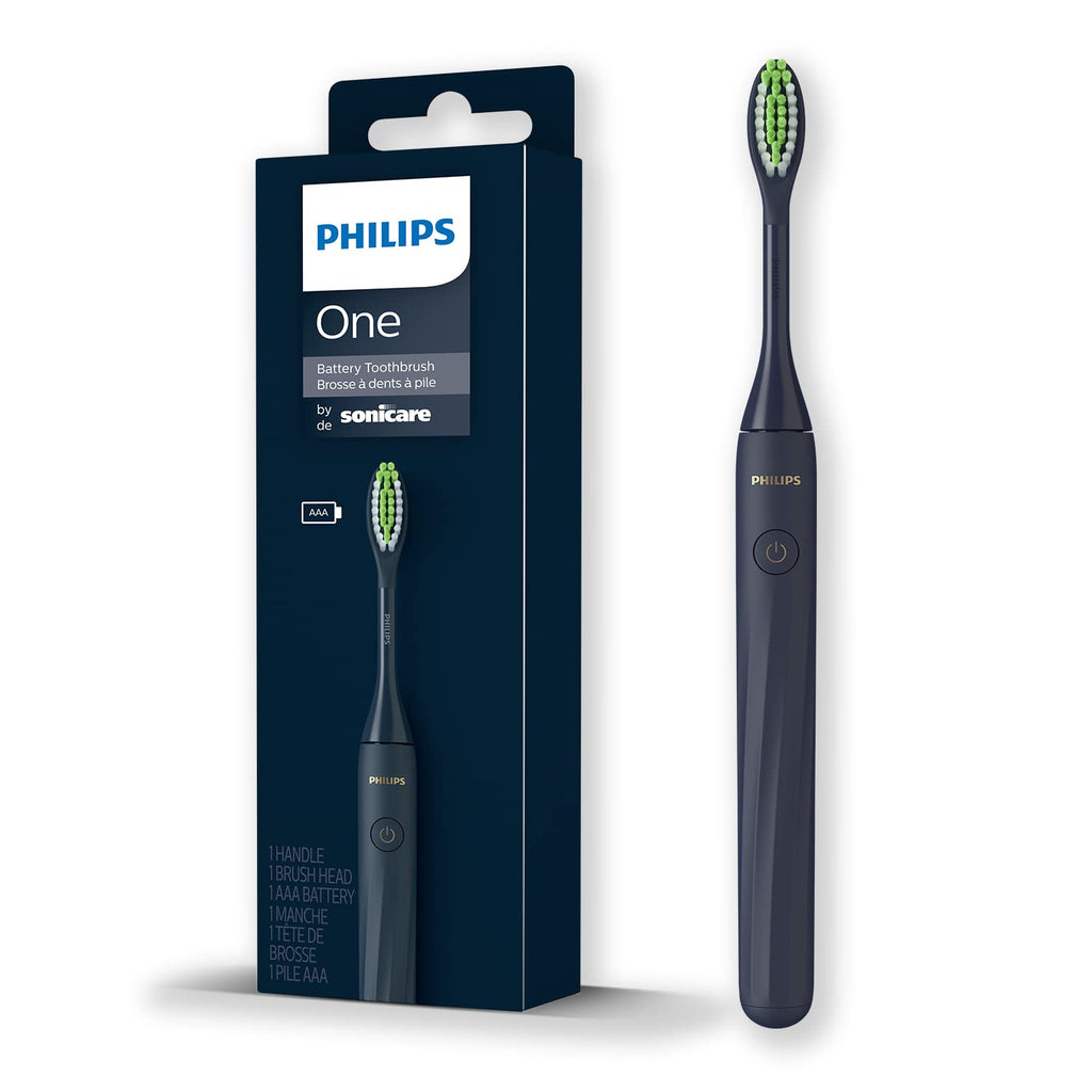 Front view of the Philips One by Sonicare electric toothbrush in navy blue, showcasing its slim profile and modern design.