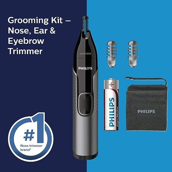 The Philips Series 3000 Grooming Kit displayed with accessories, highlighting the trimmer, combs, and battery for complete grooming.