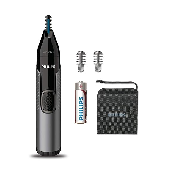 Close-up view of the Philips Series 3000 Nose, Ear & Eyebrow Trimmer Kit, showcasing the trimmer, two precision combs, and a carrying pouch.
