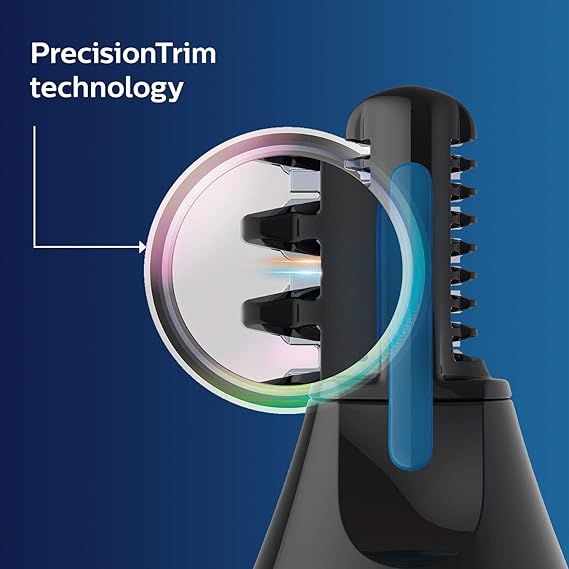 Close-up of the Philips Series 3000 Trimmer showcasing the PrecisionTrim technology and the trimmer head for precise and safe grooming.
