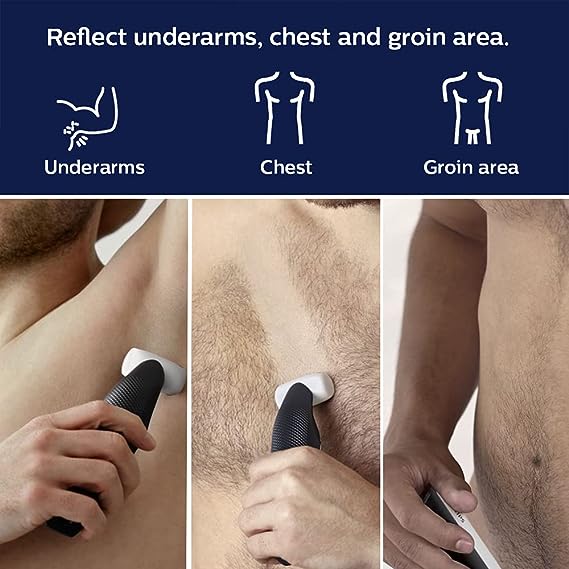 Demonstrating Philips Body Groomer on Underarms, Chest, and Groin Area