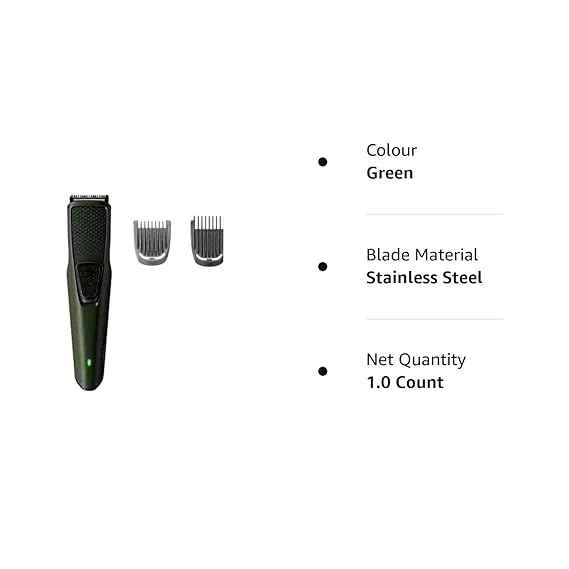 Detail view of Philips beard trimmer in green with product features and specifications.