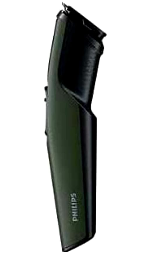  Side view of the sleek Philips green beard trimmer, highlighting its ergonomic design.
