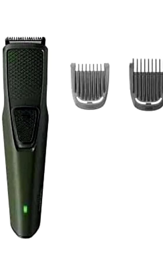 Philips green beard trimmer displayed with two comb attachments for precision trimming.