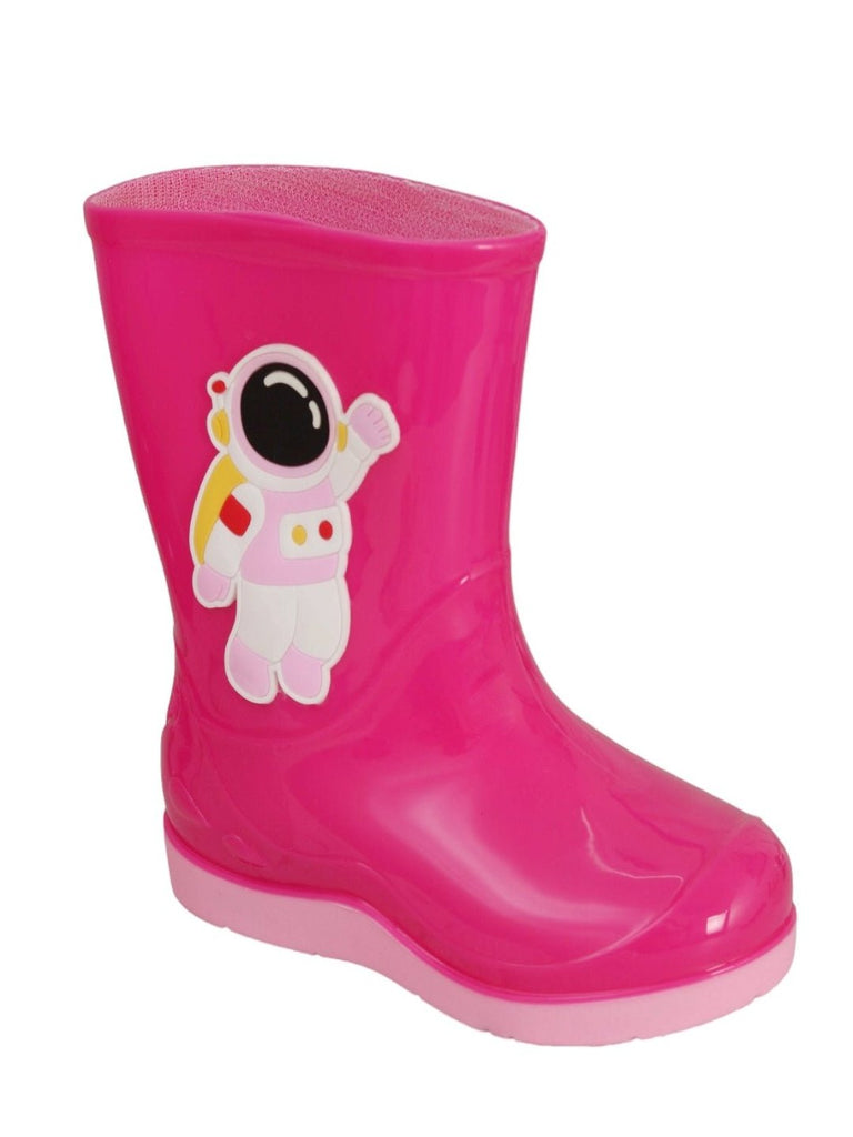 Pink Astronaut Themed Rain Boots for Girls - Angle View Showcasing Design and Color