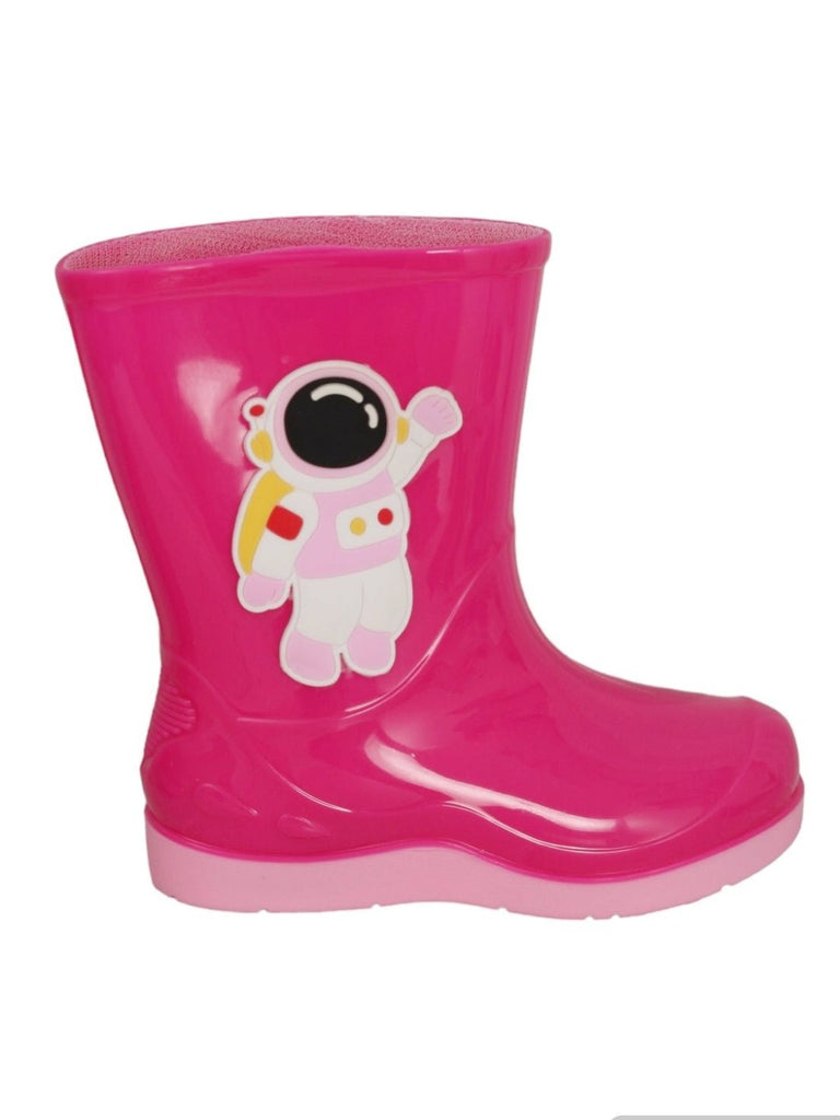 Side View of Pink Astronaut Themed Rain Boots for Girls Highlighting Profile and Sole Design