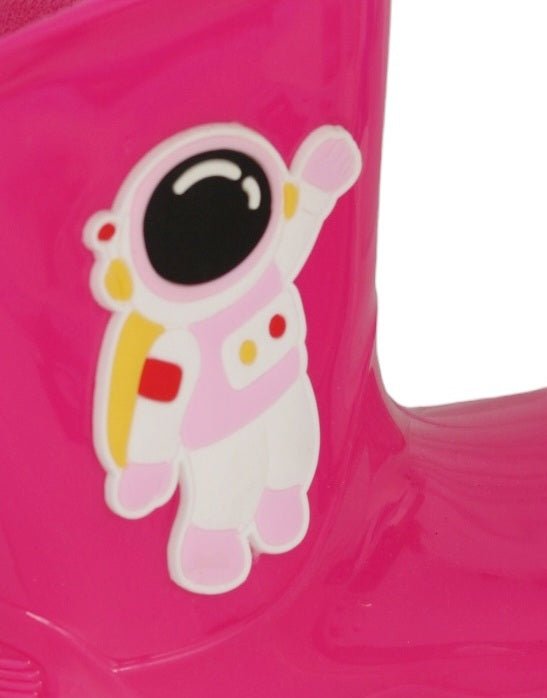 Close-Up View of Pink Astronaut Themed Rain Boots for Girls Detailing Astronaut Design