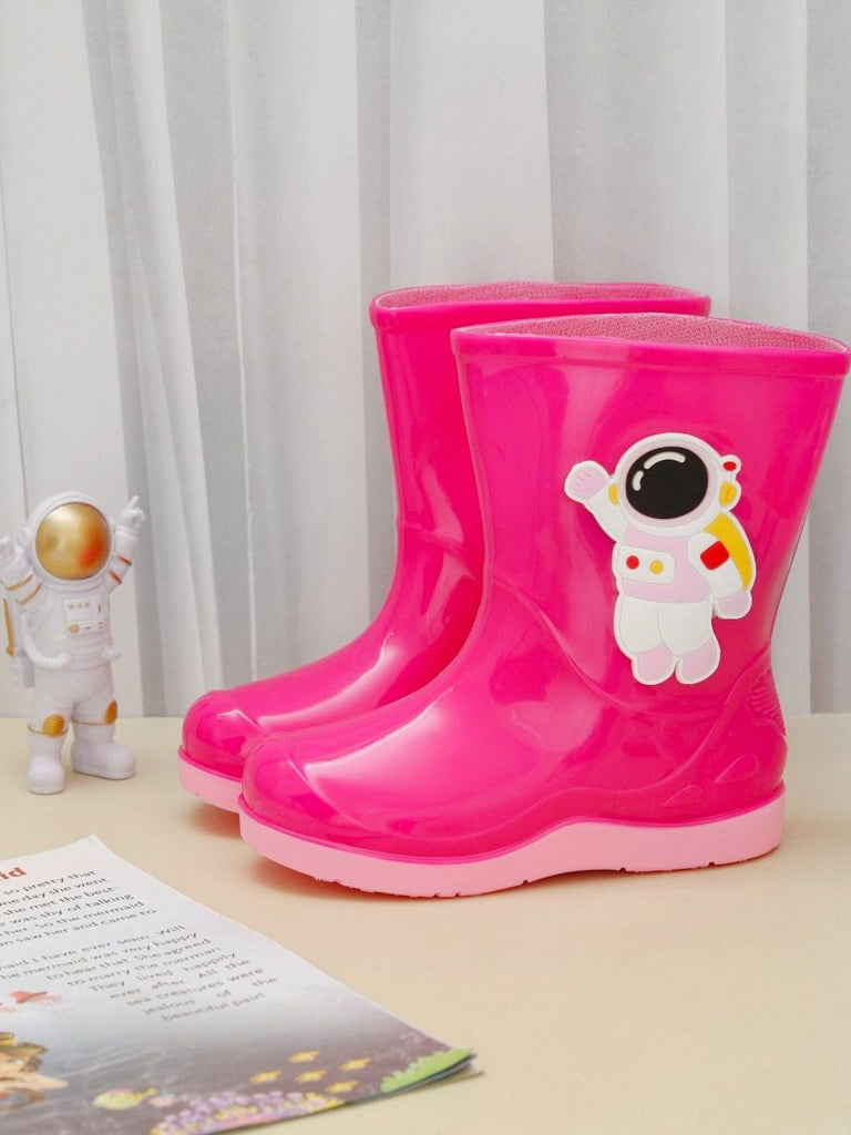 Creative Display of Pink Astronaut Themed Rain Boots for Girls