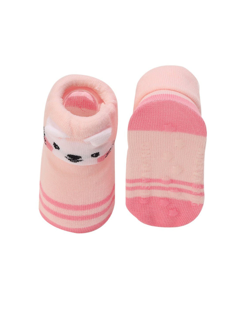 Front and Back View of Pink Baby Booties with 3D Bunny Face and Striped Design