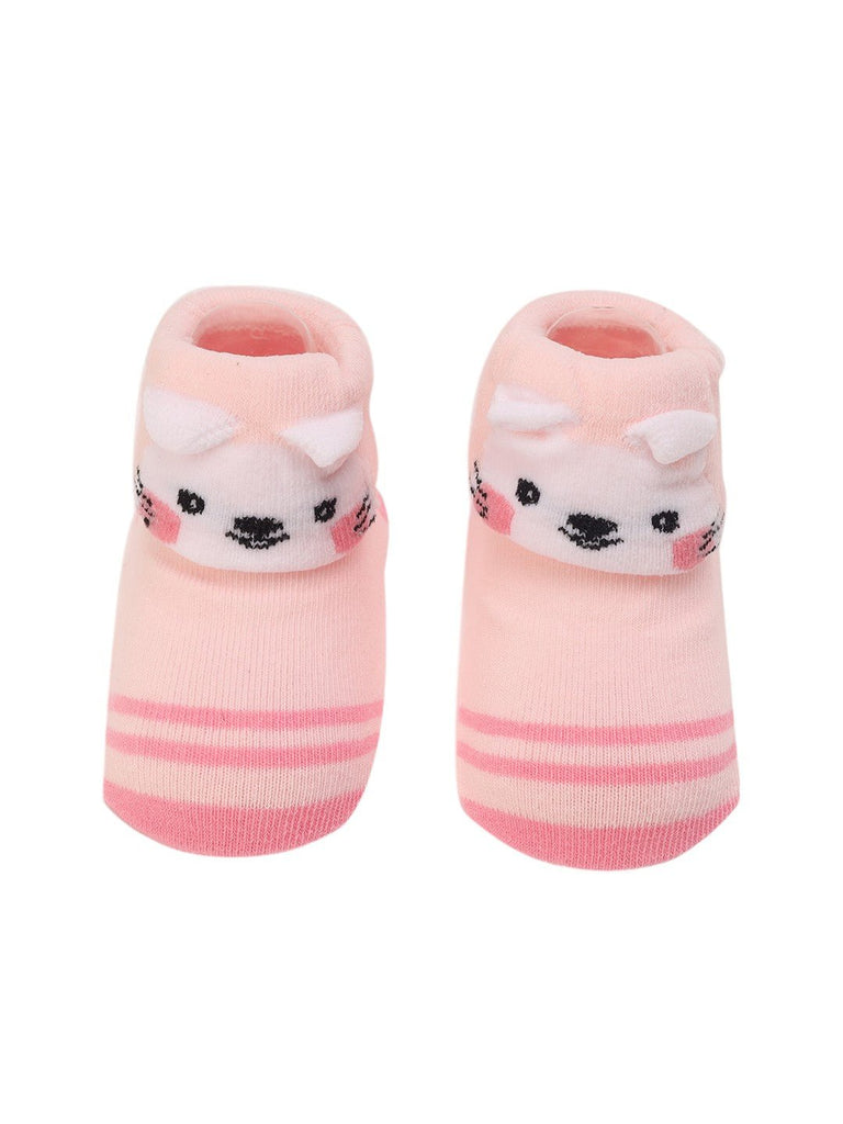 Upper View of Pink Baby Booties with 3D Bunny Face and Striped Design