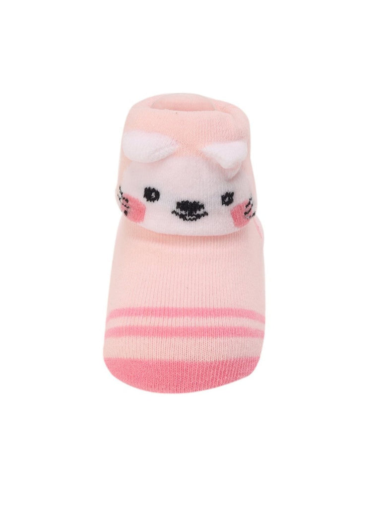 Close-up of Pink Baby Booties with 3D Bunny Face and Striped Design