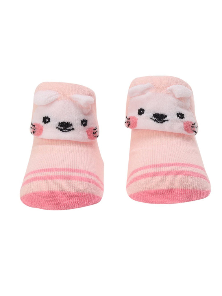 Front View of Pink Baby Booties with 3D Bunny Face and Striped Design