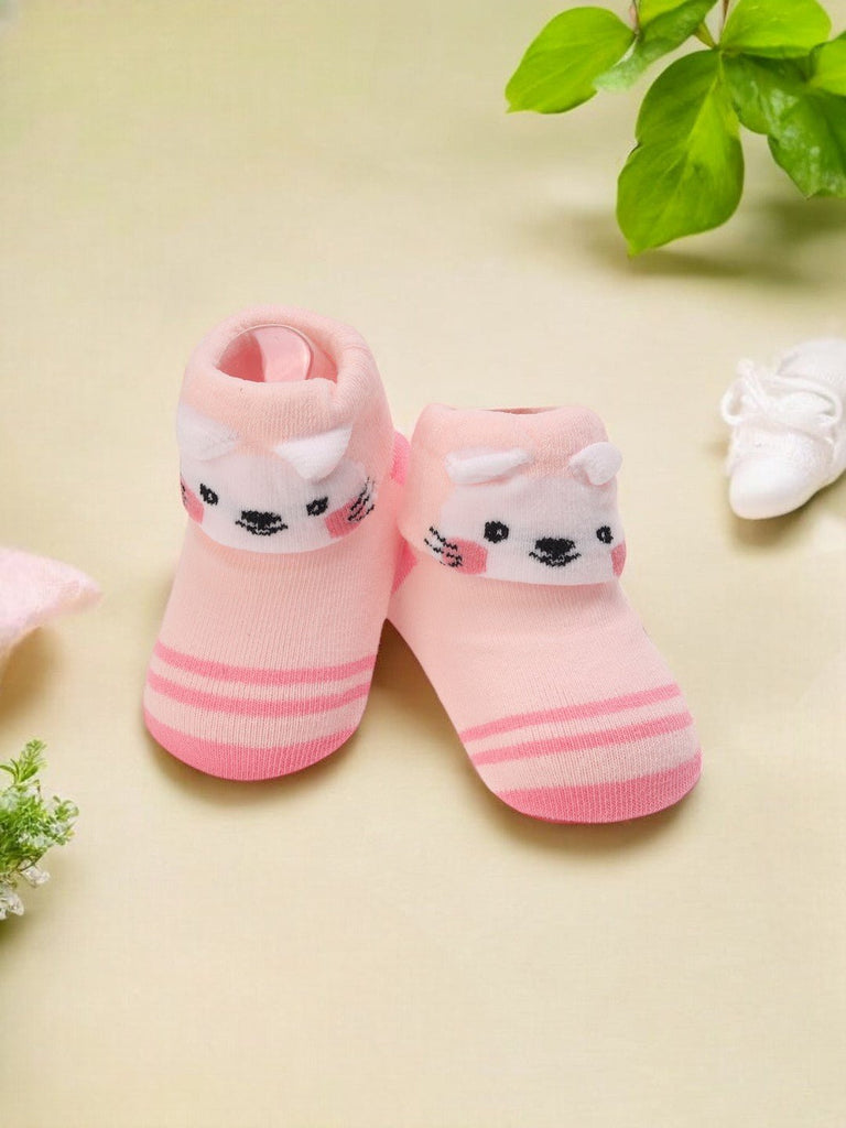 Pink Baby Booties with 3D Bunny Face and Striped Design – Creative View