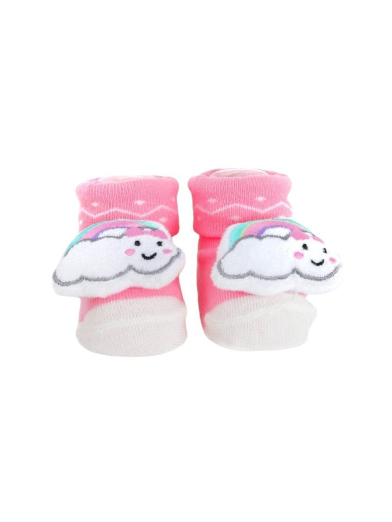 Front view of pink baby booties showcasing a fun 3D rainbow and cloud design, comfortable and cute for infants.