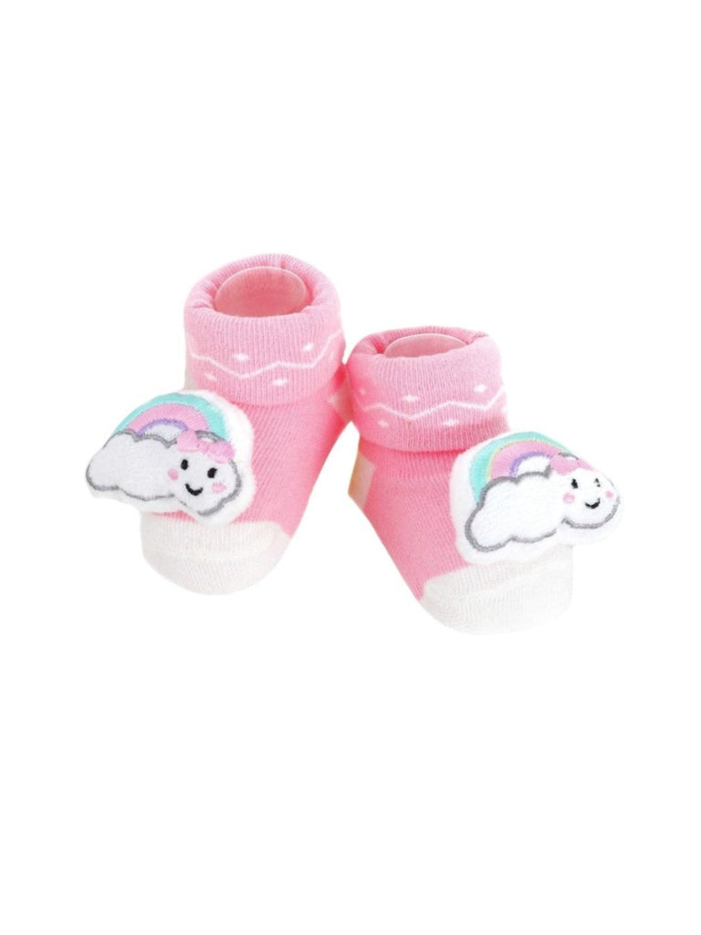 Side view of pink baby booties with a 3D rainbow and cloud pattern, providing both style and softness for babies.